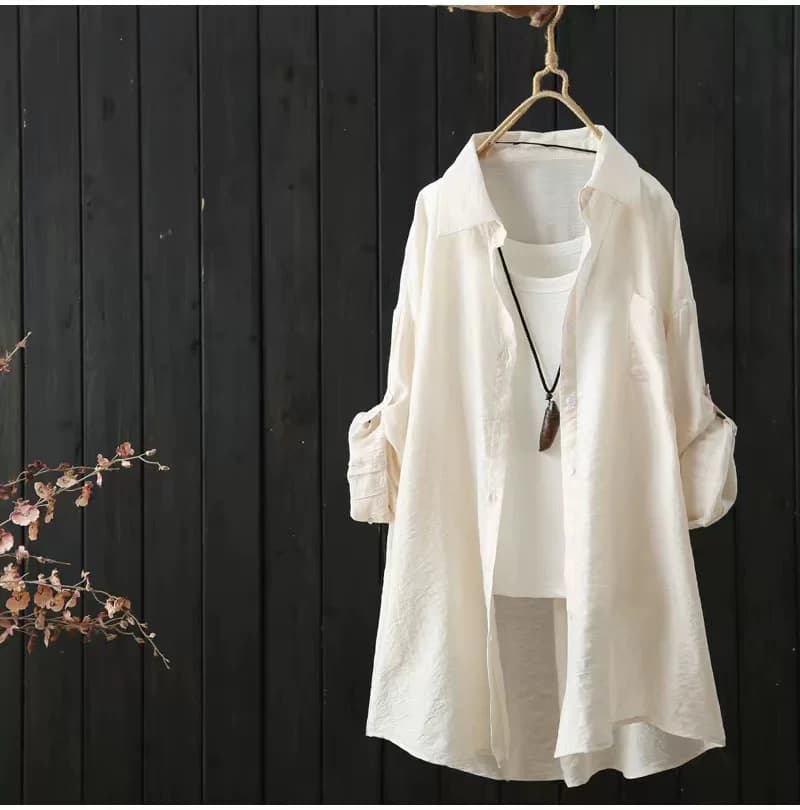 Summer 2023 New Product Mid-Length Solid Color Sun Protection Shirt Women's Thin Long-Sleeved Air-Conditioning Shirt Beige Beach Wear