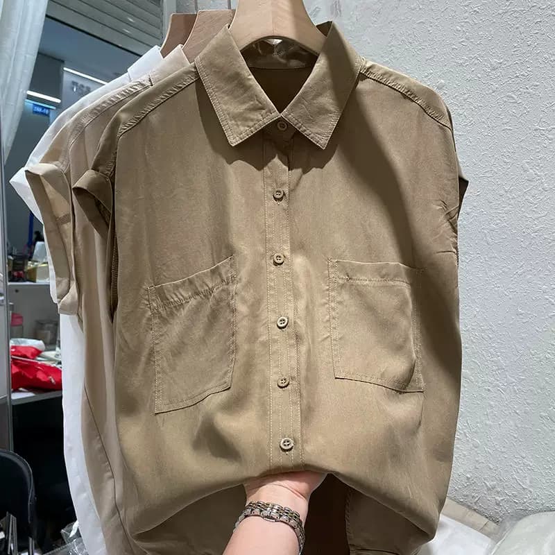 European Design Niche Half-Sleeve Thin Shirt for Women 2024 Summer New Loose Shirt Sleeveless Drop Shoulder Top