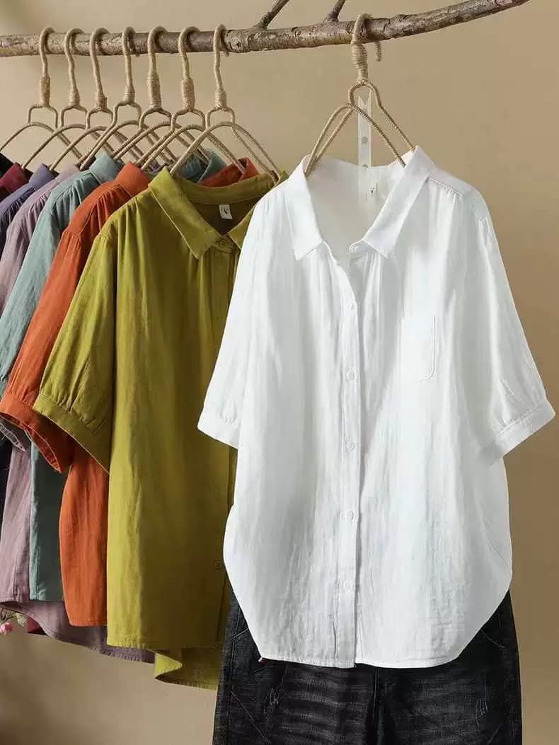 2023 Summer New Breathable and Comfortable Lapel Shirt, Loose Short-Sleeved Casual Thin Artistic Shirt, Solid Color