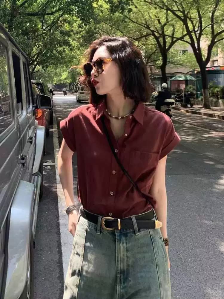 French-Style Short-Sleeved Shirt for Women, Summer 2023 New Design, Niche Sleeveless Shirt, Cotton and Linen Top, Summer Women's Style