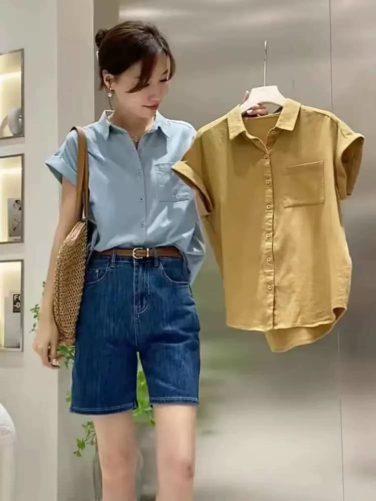 Solid Color Thin Short-Sleeved Shirt for Women, 2023 Summer New Korean Style Niche Light Mature Age-Reducing Versatile Drapey Top