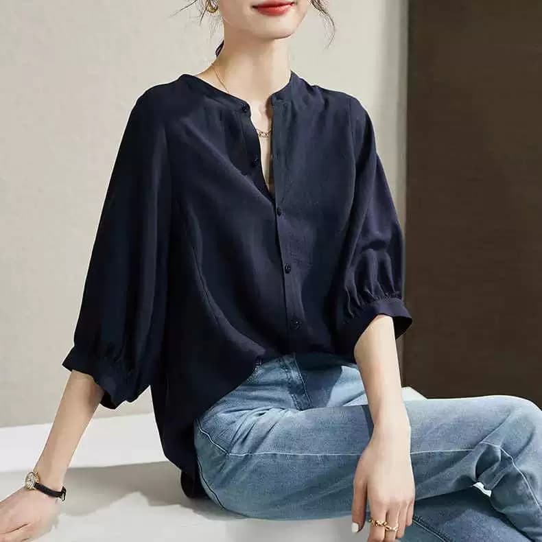 Three-Quarter Sleeve Shirt for Women 2023 Summer New Retro Loose Stand-Up Collar Shirt Versatile Casual Short-Sleeve Top