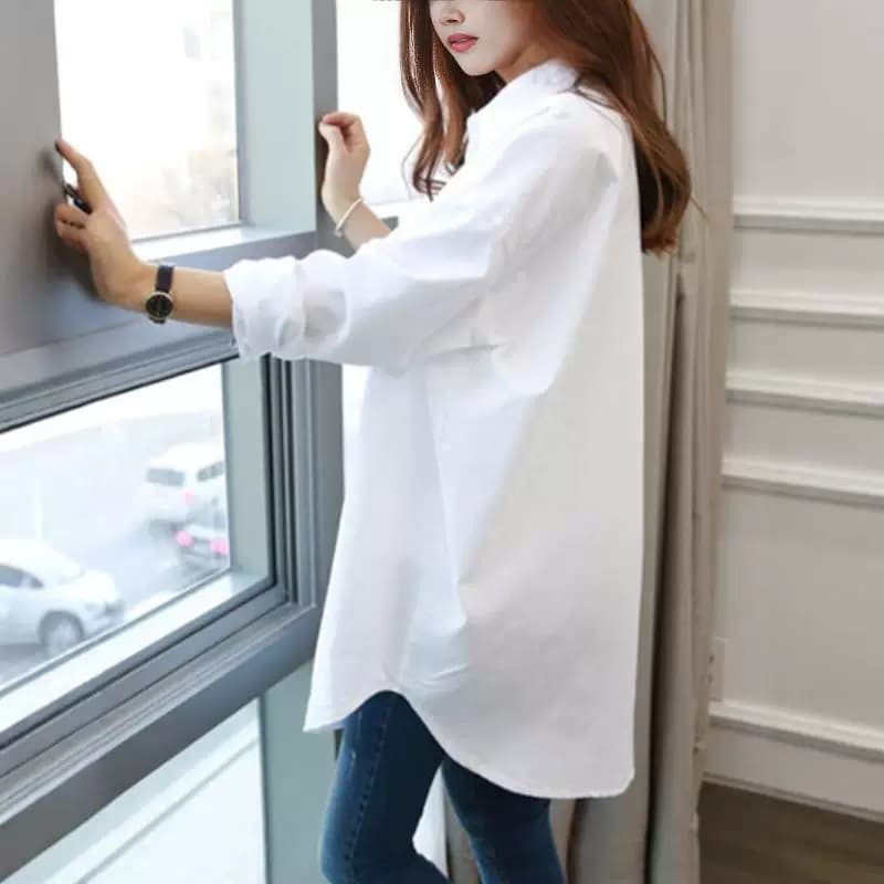 South Korea Dongdaemun 2024 Spring and Autumn White Shirt for Women, Loose Bf Style, Mid-Length, Plus Size, Long-Sleeved Shirt for Women
