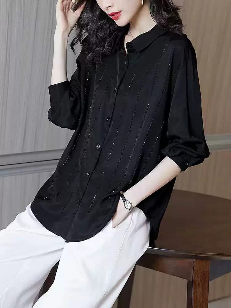 New Black Heavy-Duty Shiny Rhinestone Shirt with Drape Effect for Women 2023 Loose Polyester Solid Color Shirt