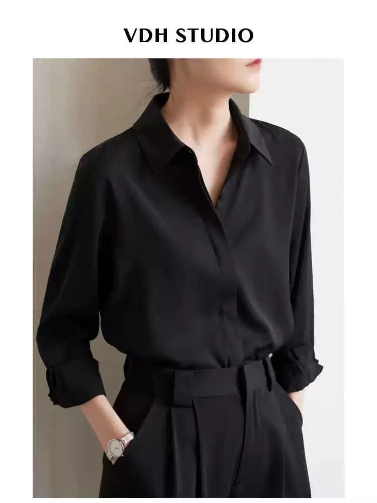 Early Summer French-Style Commuter Satin Black Shirt for Women, Professional Texture, Regular Shoulder Shirt Top