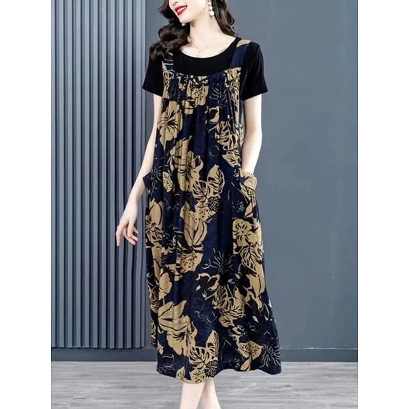 Mrs. Kuo Dress Suit Women's Plus Size Summer New Black Bottoming T-Shirt + Floral Suspbottomer Skirt Two-Piece Set
