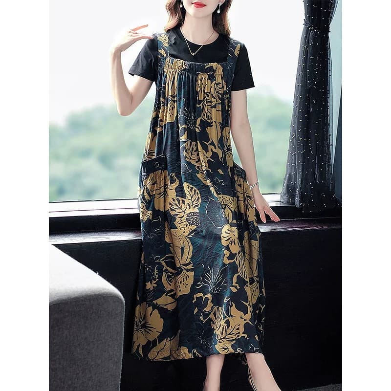 2024 New Summer Suspender Long Skirt Loose Slimming Look Large Size Floral Print Large Hem Long Suspender Skirt Dress