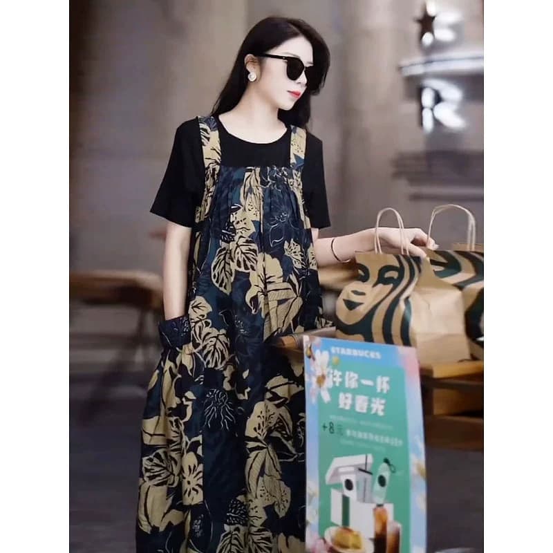 High-End Suspender Skirt Suit for Women 2024 Summer New Classy European Style Loose Belly-Covering Suspender Skirt + Short-Sleeved T-Shirt