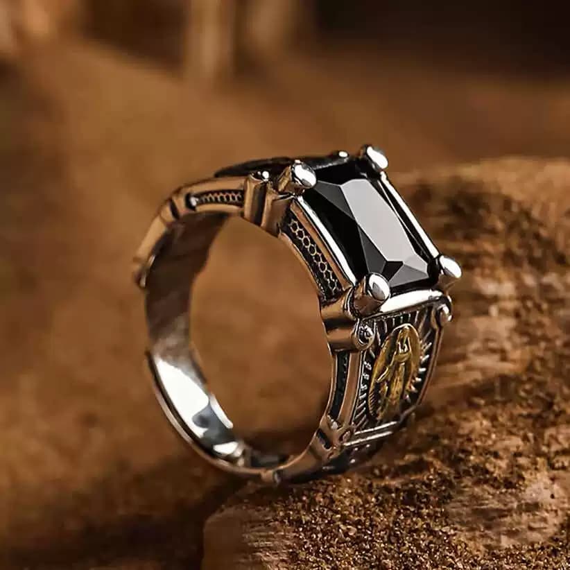 New Style Black Onyx Ring for Men, Bold Hip-Hop Punk Ring with a High-End Vintage Look, Adjustable Single Ring