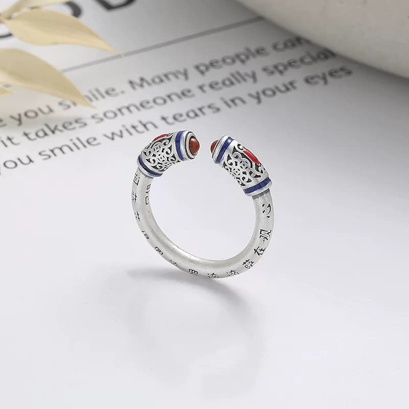 Vintage Distressed Red Agate Heart Sutra Engraved Ethnic Ancient Style Trendy Open Ring