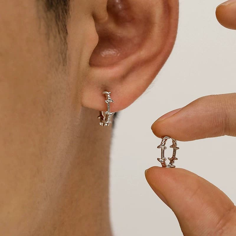 Thorn Silver Needle Earrings for Men, Single Piece, High-End Vintage Design, Stud Earrings, Cool and Trendy Ear Cuffs for Men