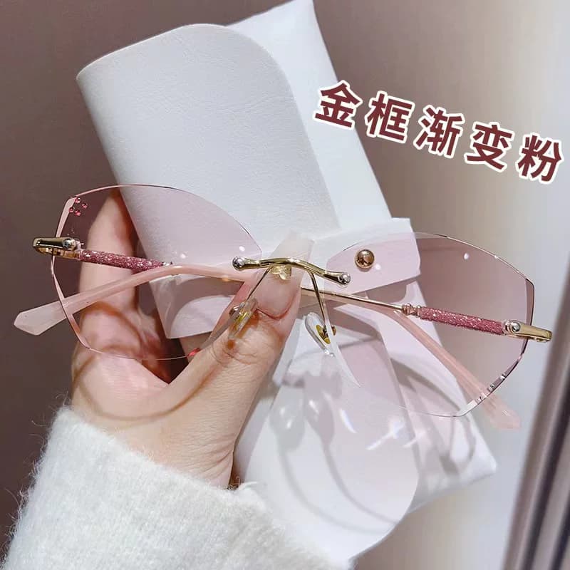 New Style Diamond-Encrusted High-Definition Anti-Blue Light Reading Glasses for Women, Progressive Pink Frameless Edge-Cut Glasses That Make You Look Younger and More Elegant