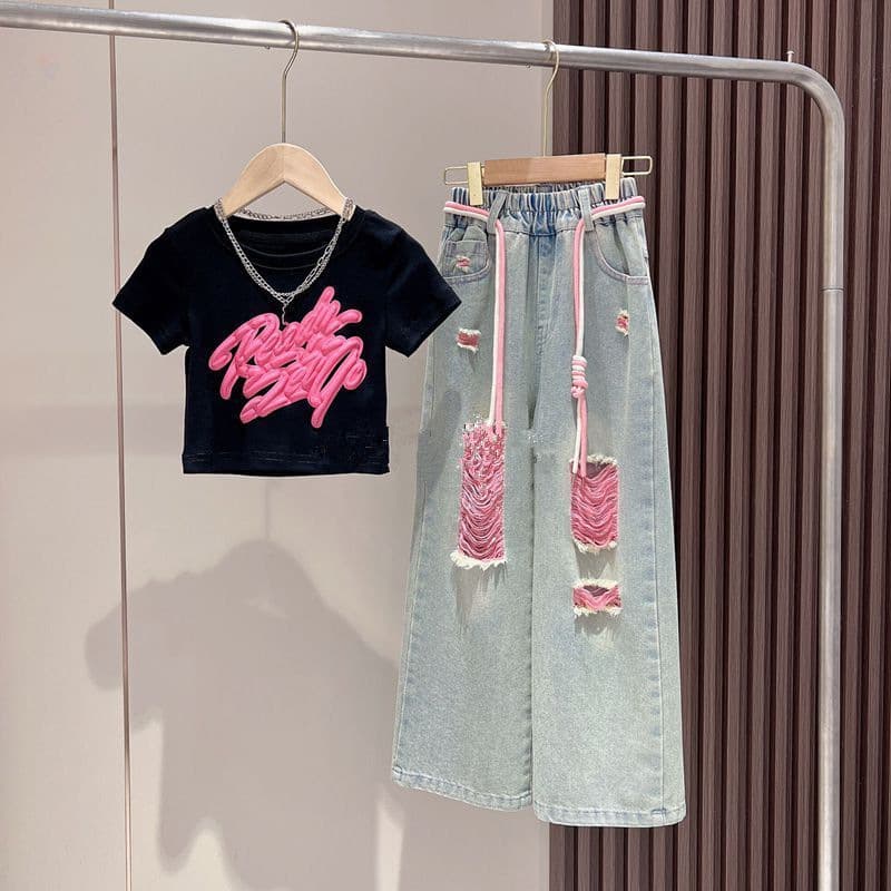 Girls' Summer New Style 3D Spray-Painted Graffiti Short-Sleeve Colorful Denim Ripped Pants Set Children's Trendy Wide-Leg Pants