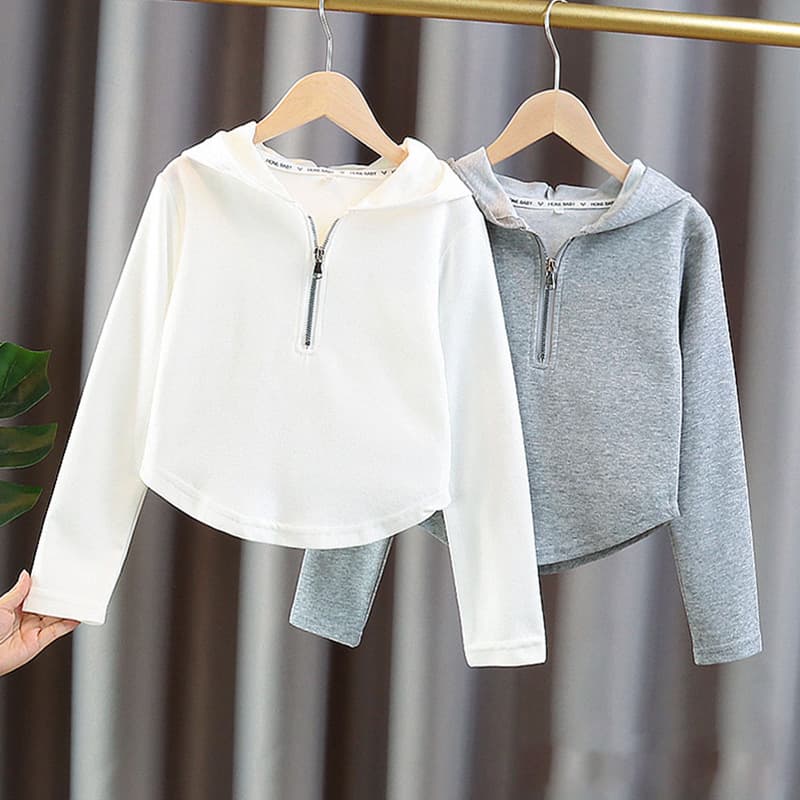 Girls' sweater spring and autumn Korean style hooded Western style white long-sleeved T-shirt casual medium and big children's high waist short top