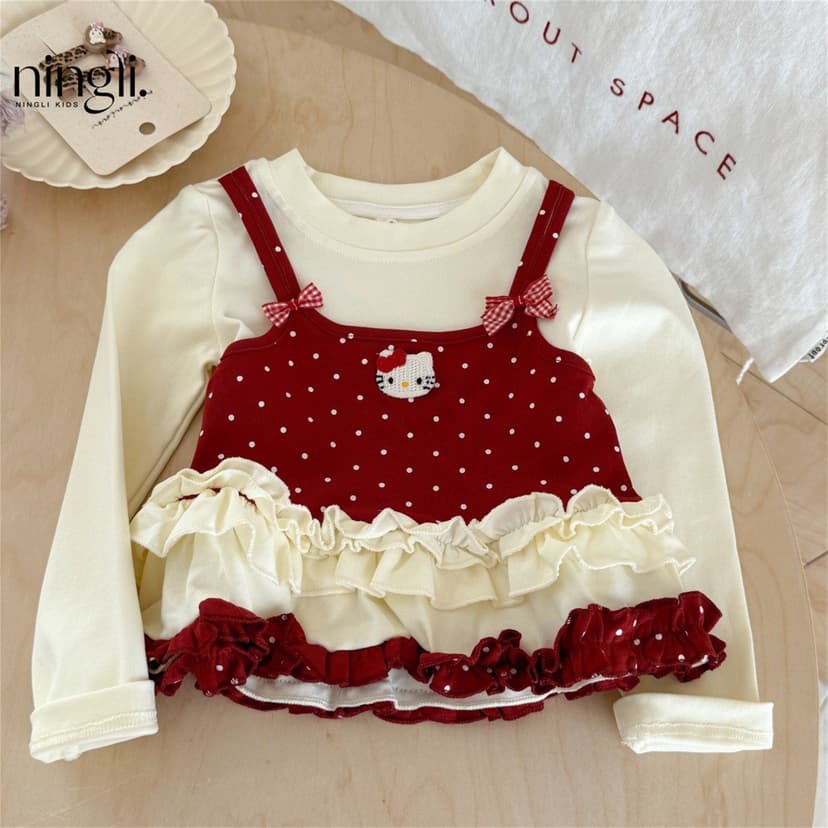 [Lingli] Children's Clothing Girls Red Fake Two-Piece T-Shirt Autum New Style Kidsren's Baby Girl Polka Dot Lace Top