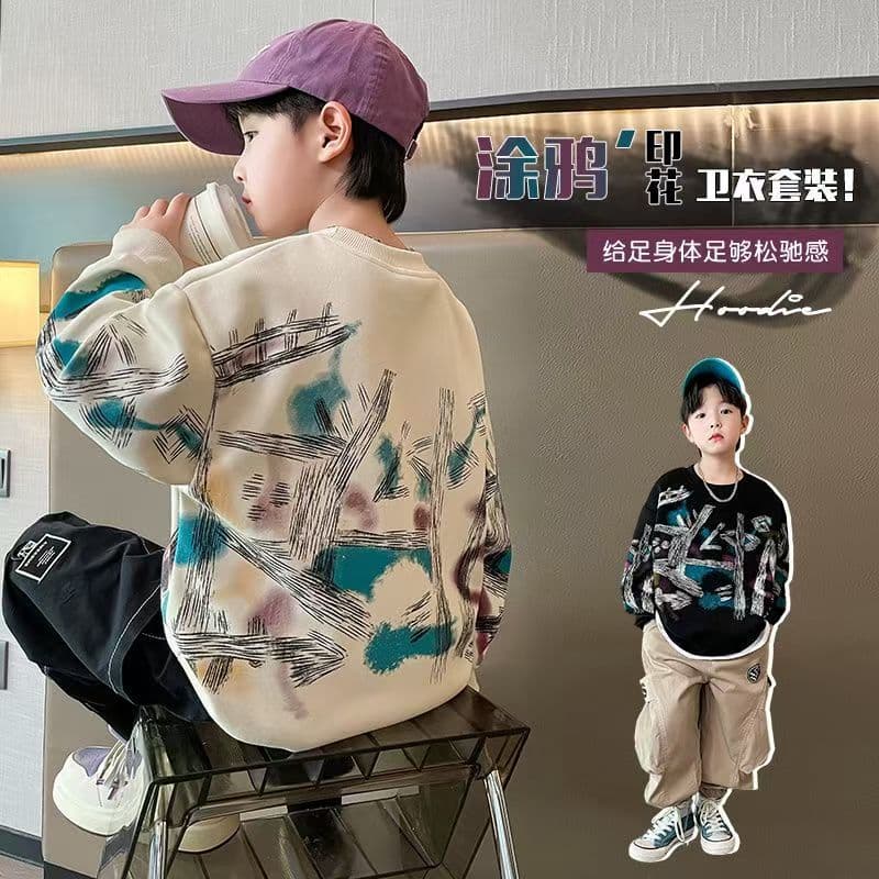 Spring and Autumn Long Sleeve Boy Teenage Student Handsome Sweat Big Boy Men's Wear Set Boy's Top Korean Style Loose