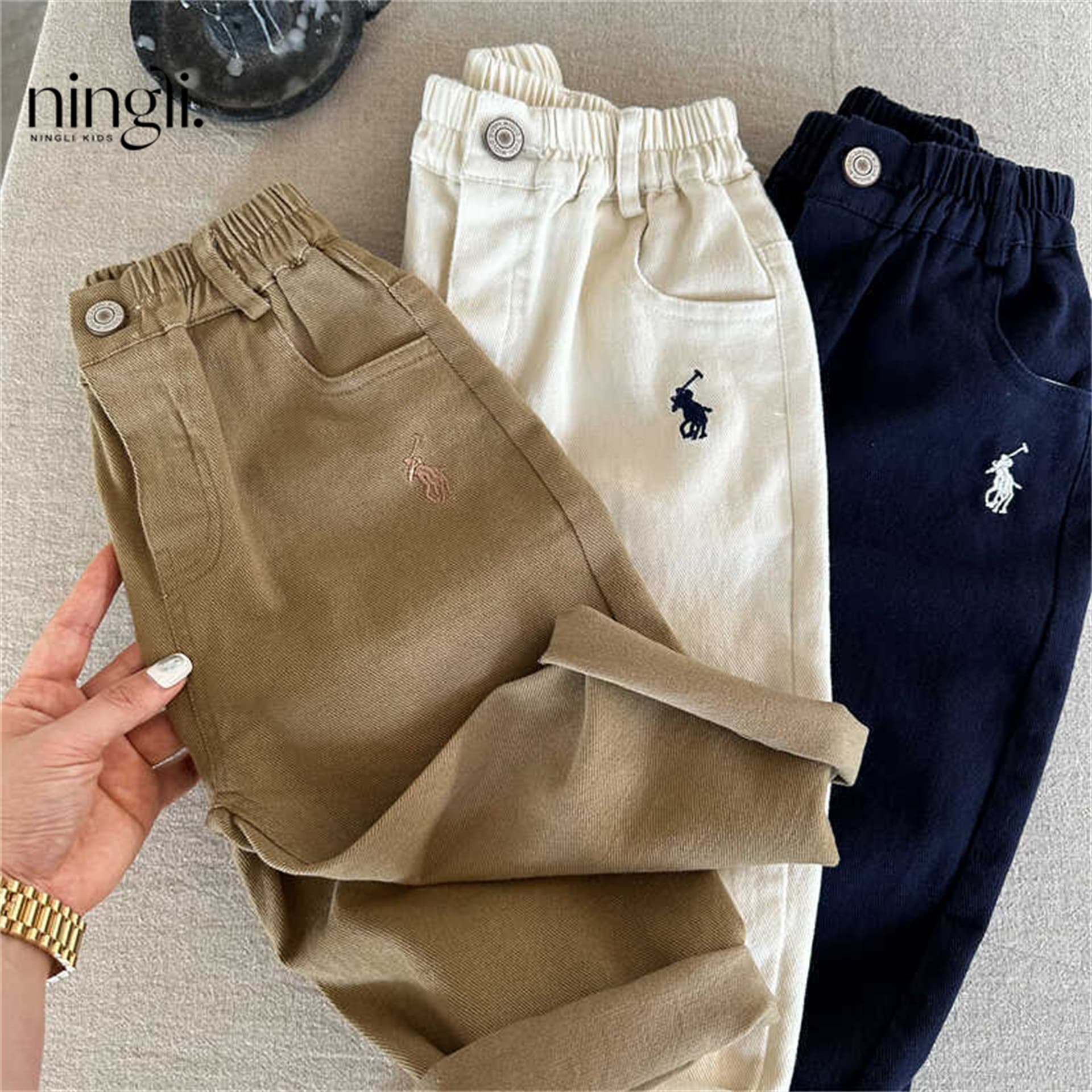 Ningli High-Quality Children's Long Pants for Boys and Girls, High-Elastic Cotton Children's Pants, Stylish Embroidered Casual Pants for Young Children