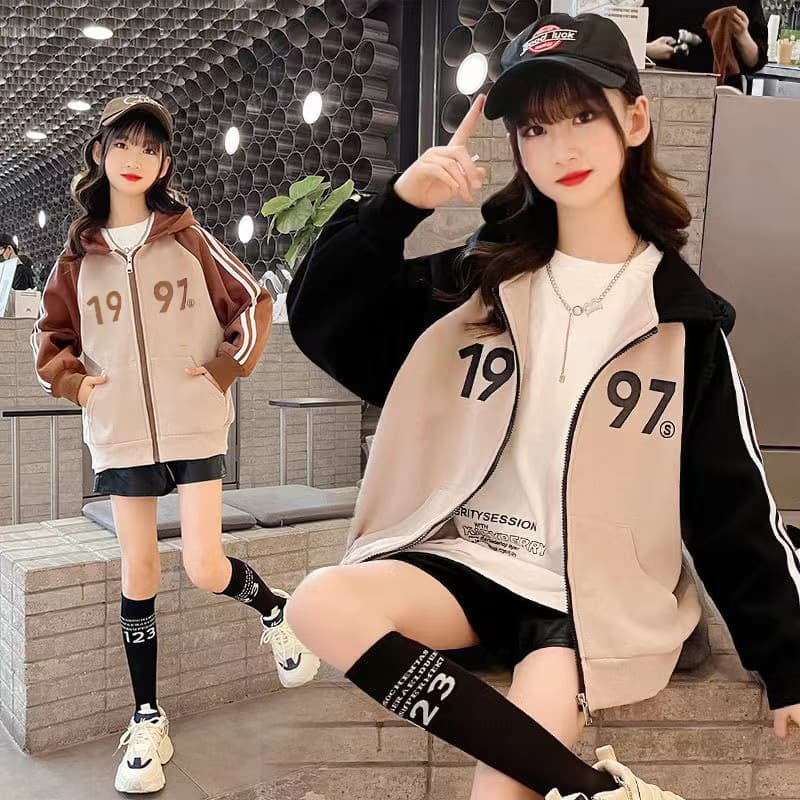 Girls' coat autumn new boys and girls western style children's clothing Internet celebrity casual hooded fleece-lined warm top for children