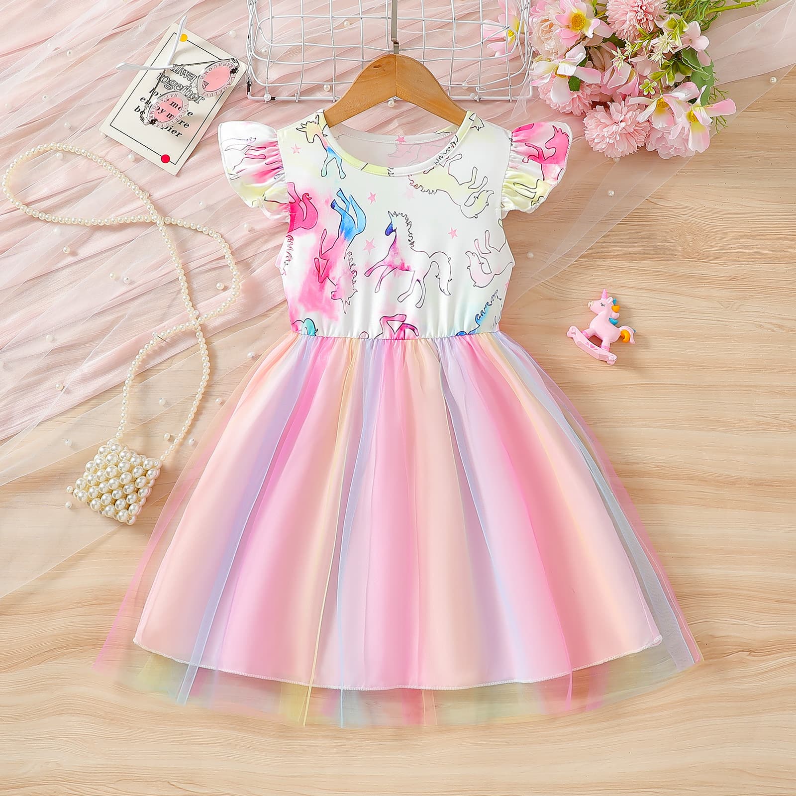 Foreign Trade Girls' Dress Summer Cotton Princess Dress Stylish Mesh Dress Little Girl Rainbow Dress Children's Performance Outfit Trendy