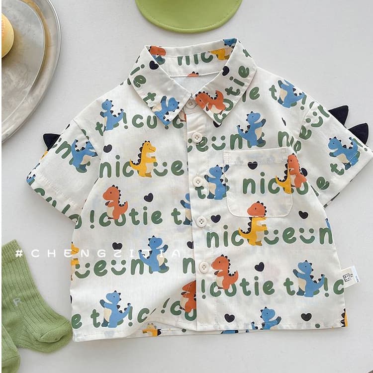 Official Picture [Four-Sided Elastic Printing] Boys Summer Lapel Short-Sleeved Shirt Contrasting Color Loose Casual Bubble Dragon Printed Lining