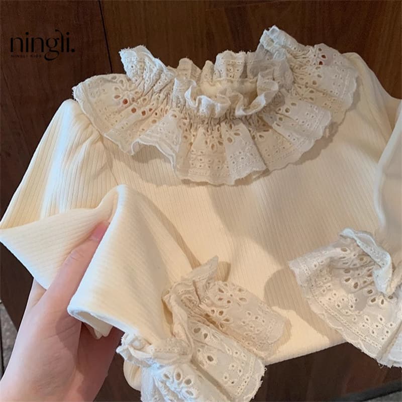 Ningli Girls' Velvet Bottoming Shirt Lace 25 New Autumn Clothing Little Girl Baby Fashionable Pure Color Bottoming Shirt Versatile