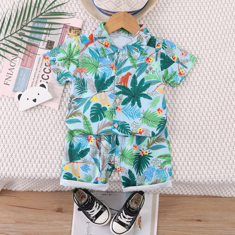 Mengyao Summer Boys Suit 2024 New Baby Southeast Asia Wholesale Small and Medium Children Beach Shirt Two-Piece Set