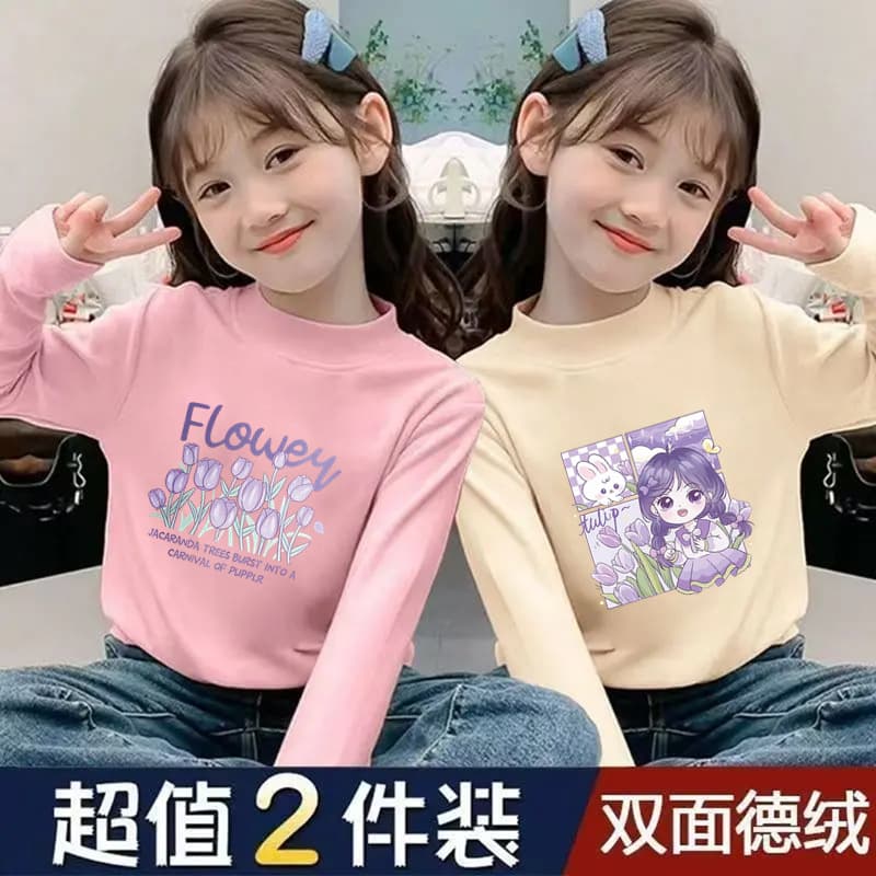 Girls' Thermal Half-High Collar Base Shirt Autumn and Winter Thickened Warm Long-Sleeve T-Shirt Top for Older Children
