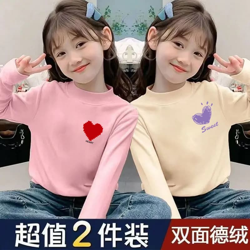 Girls' Double-Sided Velvet Bottoming Shirt for Autumn and Winter, New Baby Half Turtleneck Warm Inner Long-Sleeved T-Shirt for Middle and Large Children