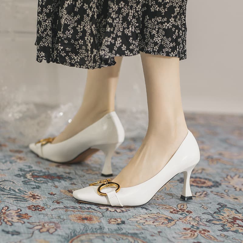 Patent Leather Horsebit Fashion Shoes Spring French Lady Style Stiletto Square Toe Shallow High Heels Women 2025 New Style