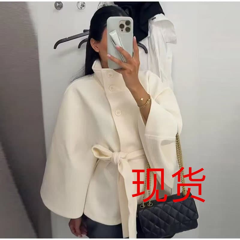 Cross-Border New High-Quality Woolen Coat, Elegant Women's Fashion Stand-Up Collar with Belt, Single-Breasted, European and American Style, Autumn and Winter 2025