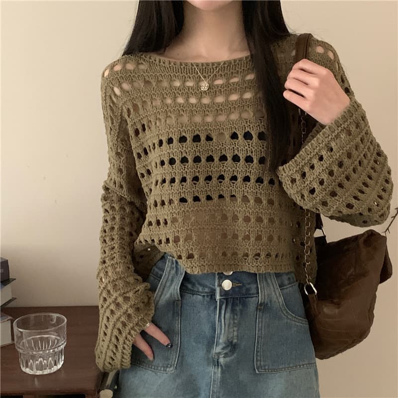 2025 Spring and Summer New Sexy Elegant Long-Sleeved Cut Out Knitwear Thin Sun Protection Clothing Blouse Top for Women