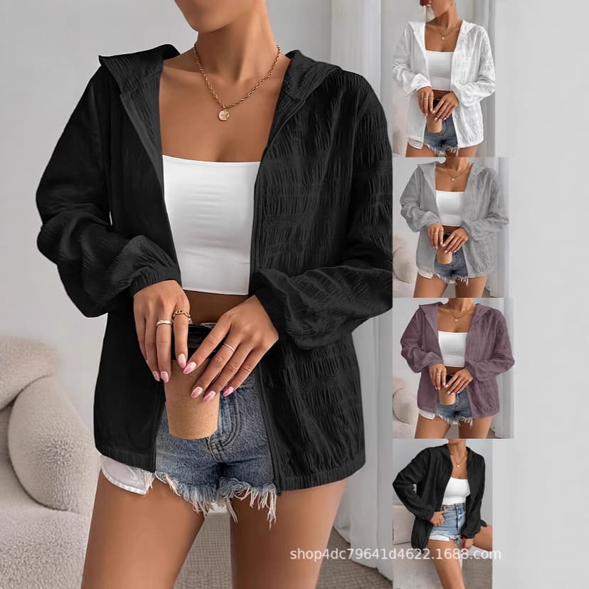2025 Cross-Border European and American Hot-Selling Women's Clothing Ins Style Summer Thin Hooded Sun Protection Women's Zipper Loose Jacket for Women