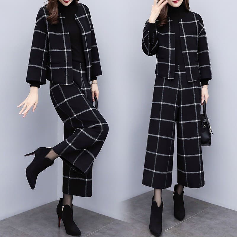 2025 New Women's Spring and Autumn Two-piece Pants Plaid Woolen Short Coat Wide Leg Pants Casual Fashion suit Women's Fashion