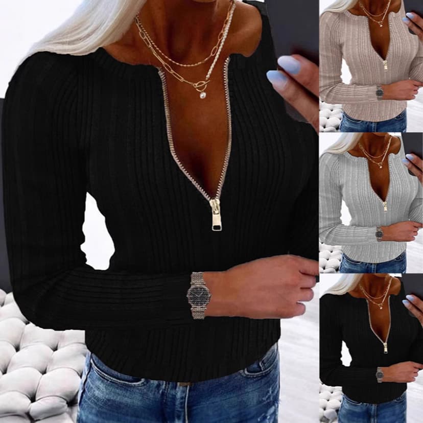 2024 Europe and the United States foreign trade cross-border wish independent station autumn and winter new women's zipper V collar fashion long sleeve T-shirt jacket