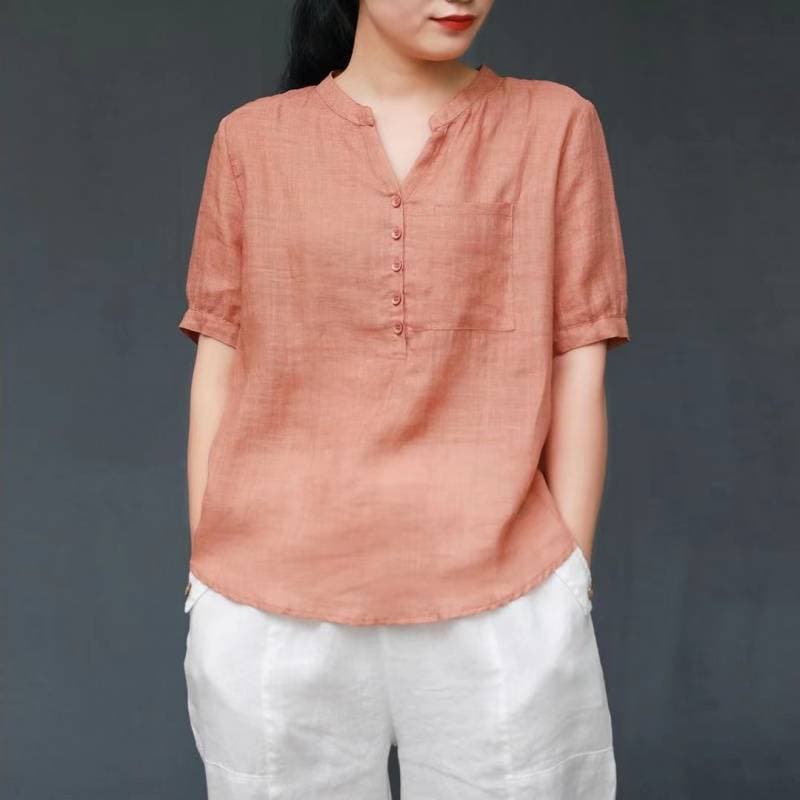 Artistic Cotton and Linen Shirt for Women, Spring Thin Collared Shirt, Short-Sleeve High-End New Chinese Style Solid Color Linen Top