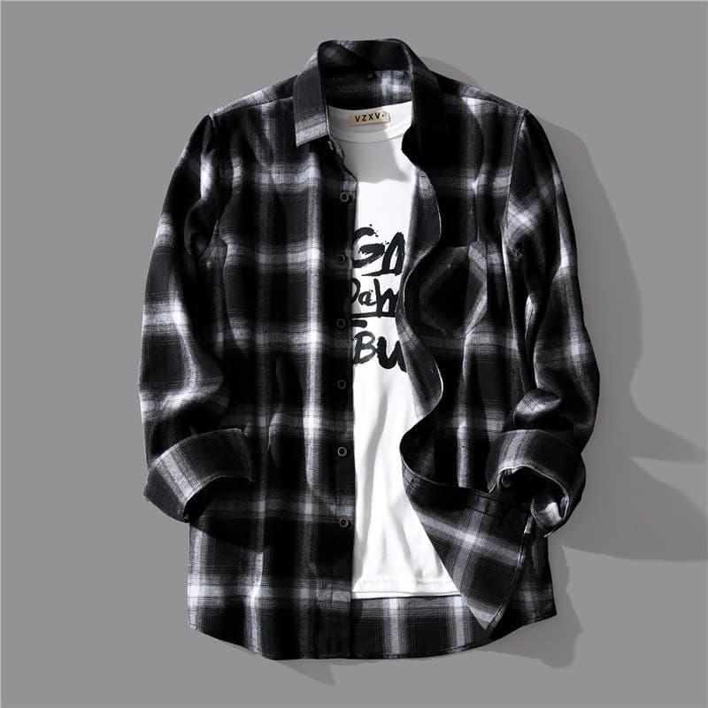 Black and White Plaid Shirt Men's Korean-style Fashionable Spring and Autumn Shirt Loose Trendy Brand Casual Long-sleeved Jacket Men's Jacket