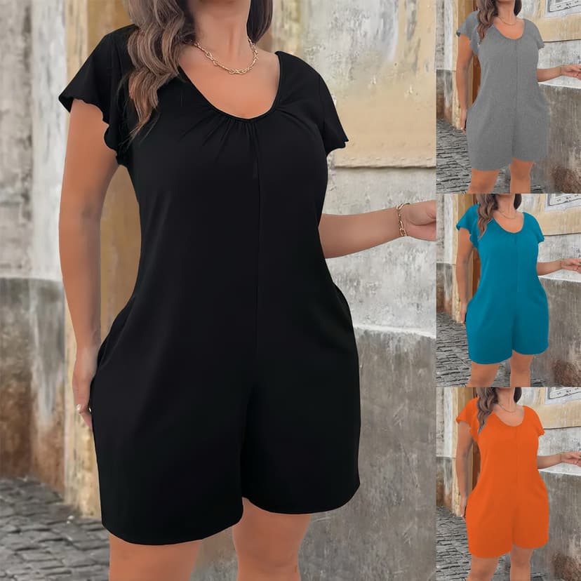 2025 European and American Export Amazon Aliexpress Independent Station Supply Pure Color Elegant Short-Sleeved Plus Size Women's Jumpsuit