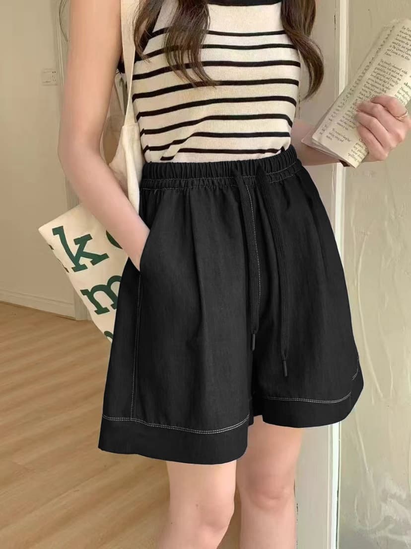 Elastic Waist Drawstring Denim Ocean Shorts 2025 Summer New Retro Small Fresh High Waist Casual Style Pants for Women