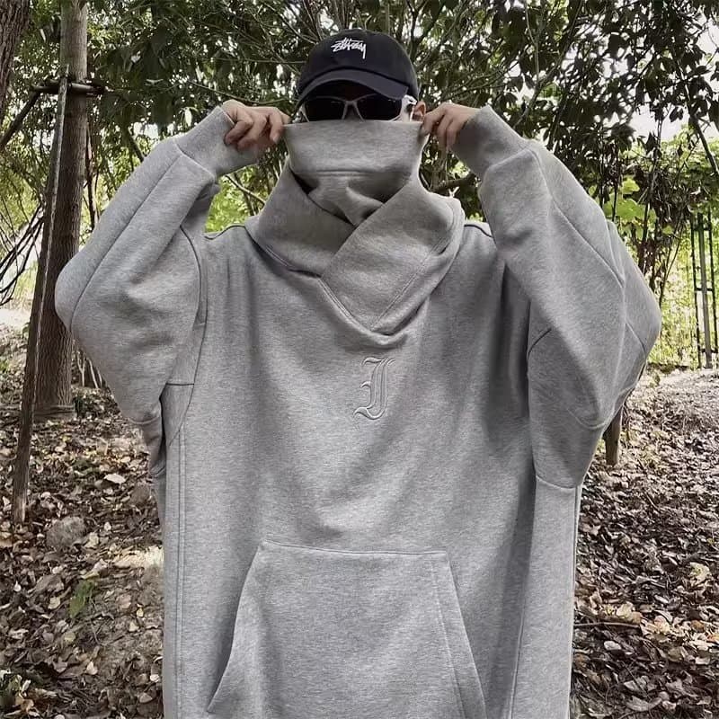 Autumn American-Style High-Neck Hooded Sweatshirt for Men, Trendy Brand High Street Embroidered Loose Functional Stylish Loose Jacket Top