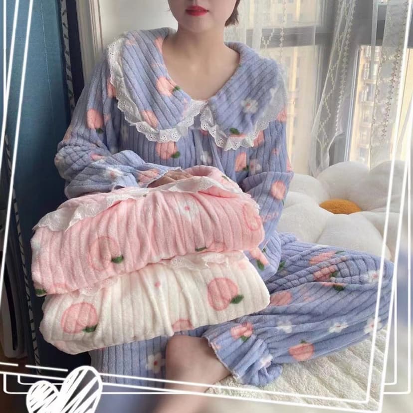 Printed Peach Lace Pajamas for Women Autumn and Winter Coral Fleece Warm Flannel Home Clothes Large Size Suit
