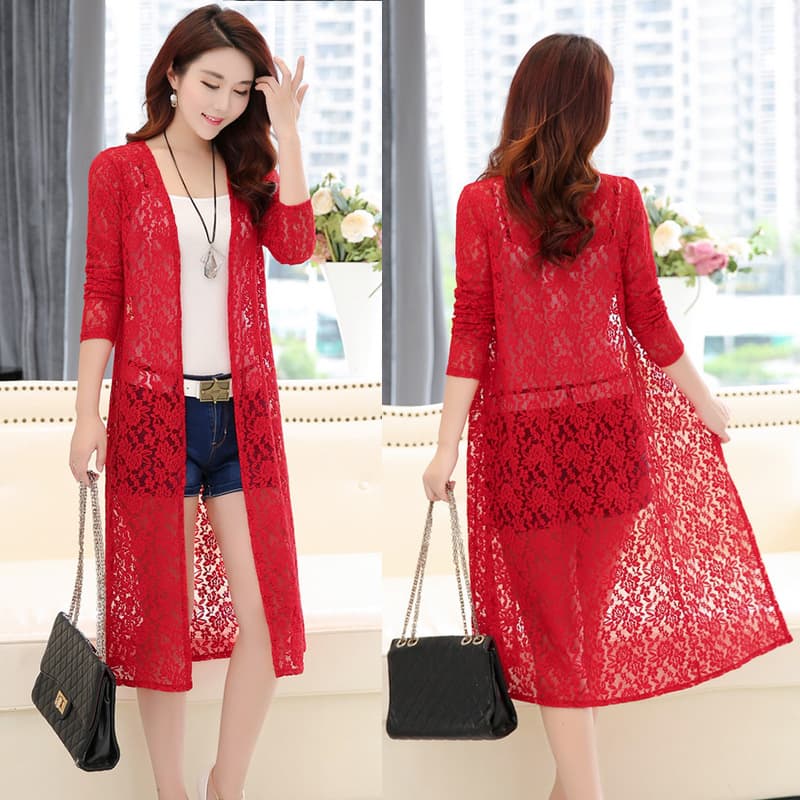 Long-Sleeved Shawl Coat Women's Mid-Length Spring Lace Mesh Thin Cardigan Outer Wear Sun Protection Cloak