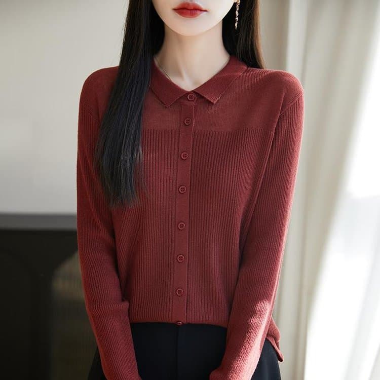 Dropshipping 2025 Autumn and Winter New Korean Fashion Simple Solid Color Polo Collar Loose Base Sweater Cardigan Trendy