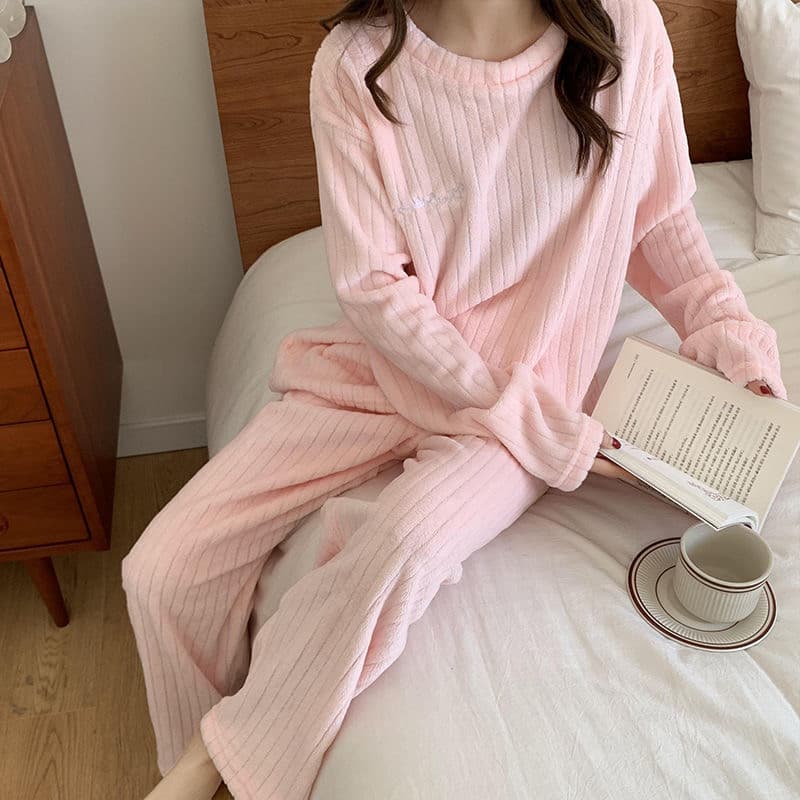 Season Flannel Pajamas Two-Piece Solid Color Fleece-Lined Home Clothes New Casual Striped Crescent Warm Set for Women