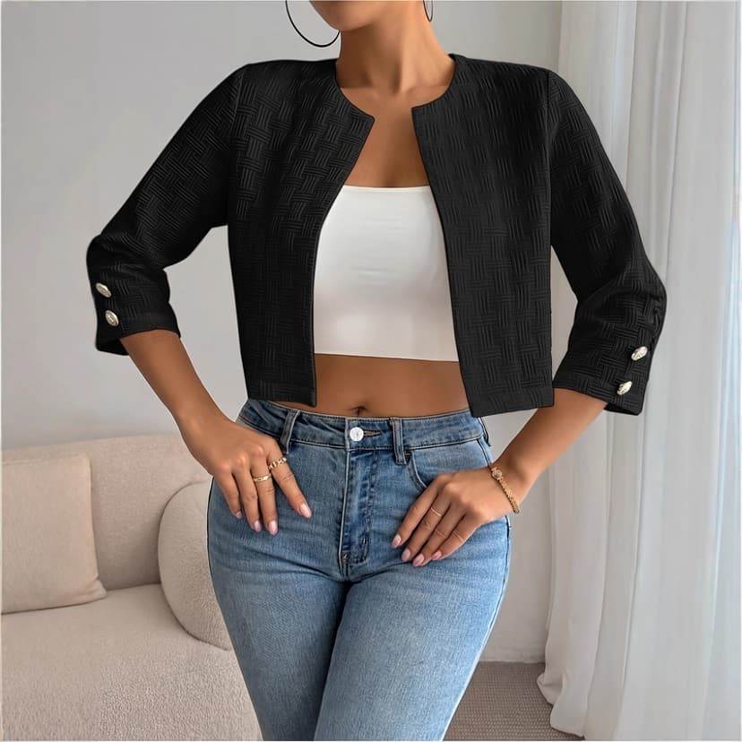 European and American Export Round Neck Small Suit Amazon Spring and Summer Long-Sleeved Women's Pure Color Loose Versatile Buttonless Jacket Top