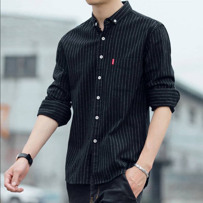 Men's Long-Sleeve Shirt 2023 New Korean Version Slim Fit Young and Middle-Aged Striped Men's Shirt Autumn Casual Trendy Jacket