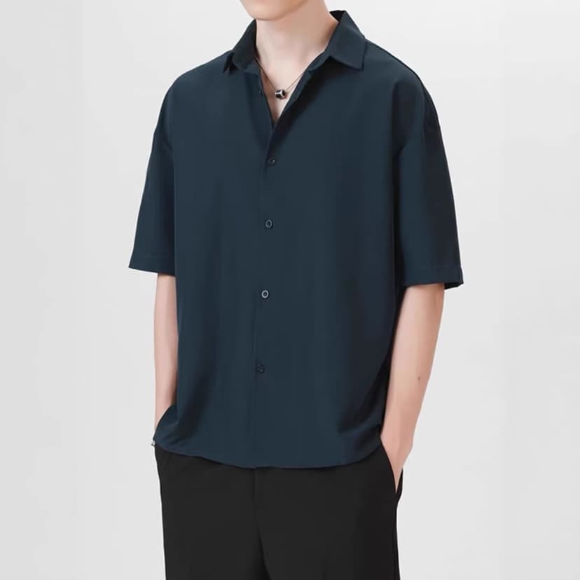 Summer Thin Loose Short-Sleeved Shirt for Men Korean Style Casual Versatile Dark Green Handsome Trendy No-Iron Half-Sleeved Shirt