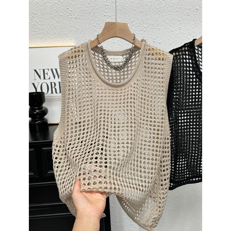 Hollow-out Knitted Vest Summer Thin Outer Wear All-match Loose Sweet Round Neck Stacked Waistcoat T-shirt Sleeveless Top