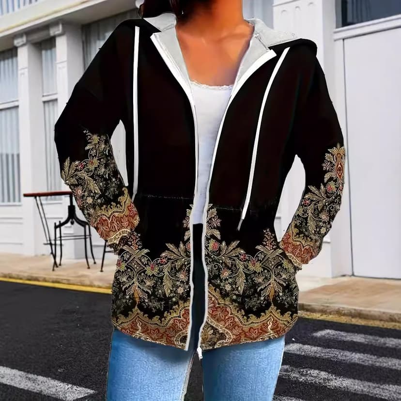 Fall/Winter 2024 Europe and America Amazon temu Cross-border in stock Source Ethnic Style Printed Hooded plus size Women's Coat