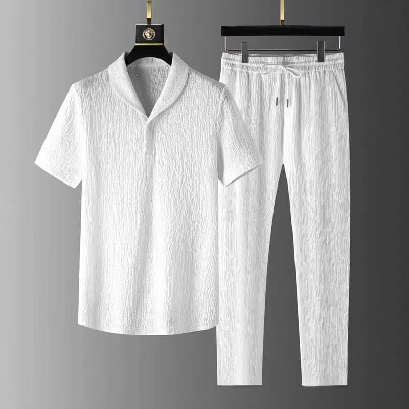 Ice Silk Linen Suit Men's Summer Large Size Casual Sports Suit Men's Trendy Brand Thin Short-Sleeved Nine-Point Pants Two-Piece Set
