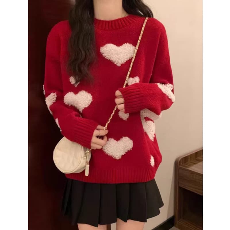 New Year Red Heart Sweater for Women, Autumn and Winter Fashion, New Loose Fit, Slimming, Soft and Cozy Knit Base Shirt Top Sweater